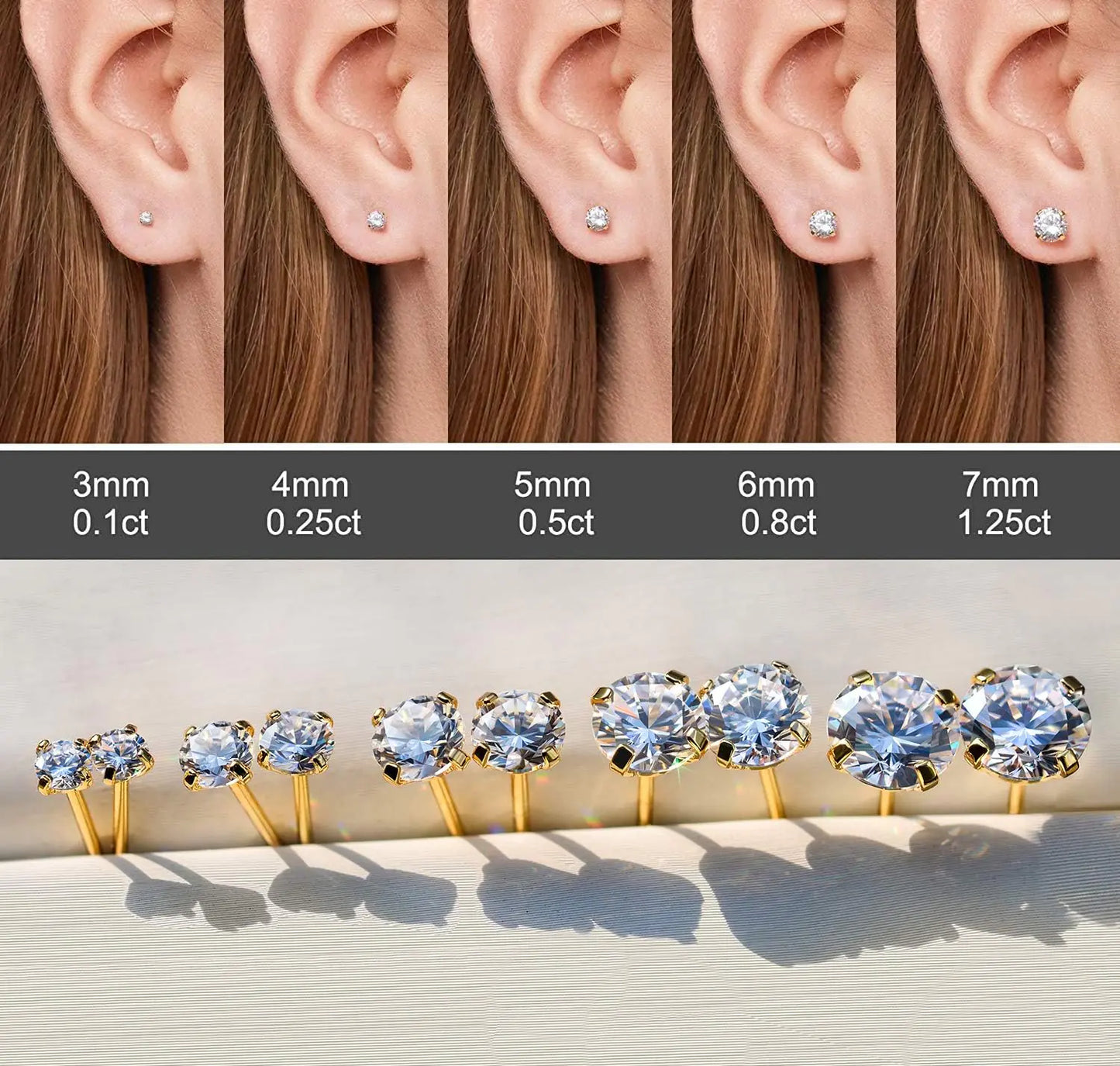 Kainier Women's 14K Gold Plated CZ Stud Earrings Simulated Diamond Round Cubic Zirconia Ear Stud Set(5 Pairs)… BXG GOLD