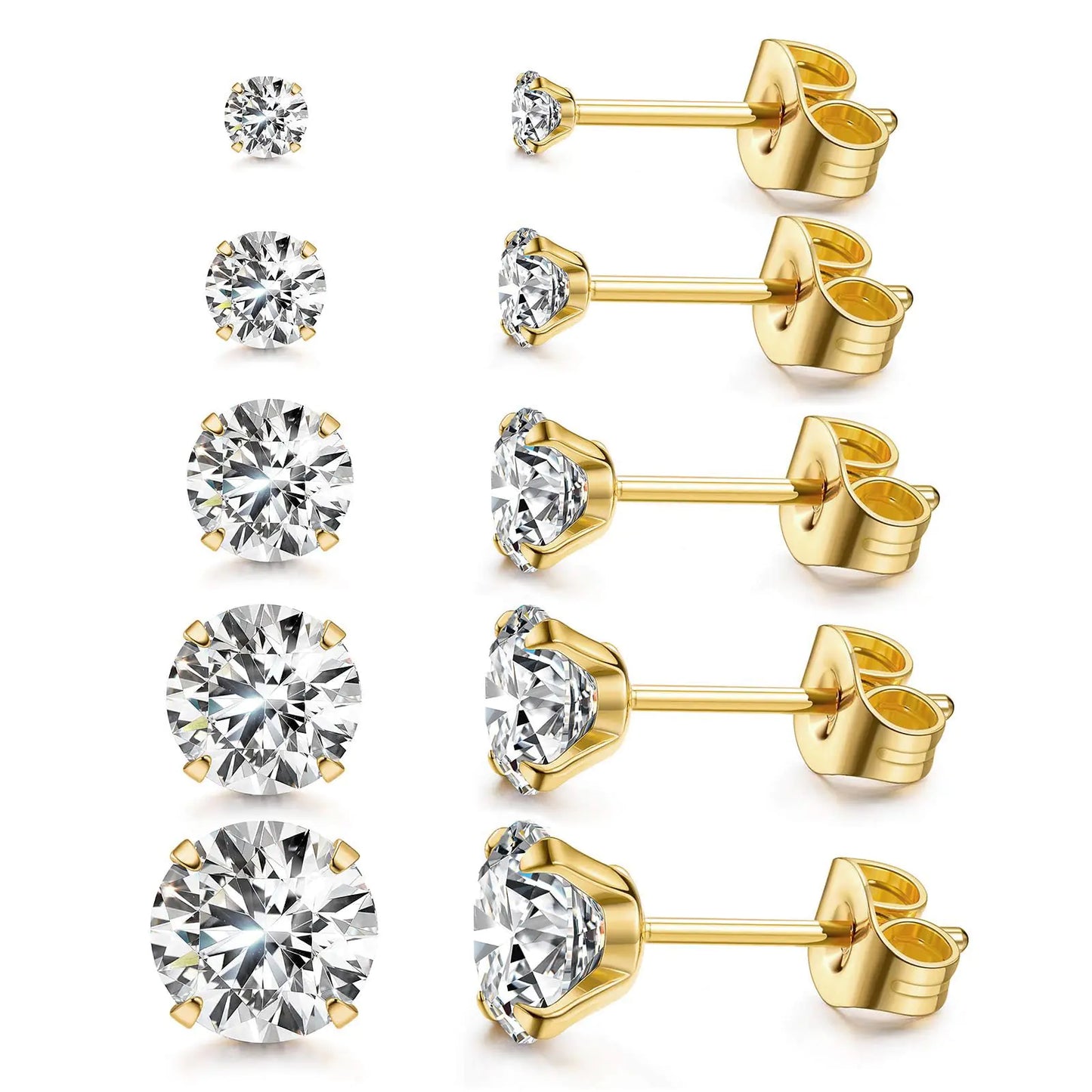 Kainier Women's 14K Gold Plated CZ Stud Earrings Simulated Diamond Round Cubic Zirconia Ear Stud Set(5 Pairs)… BXG GOLD