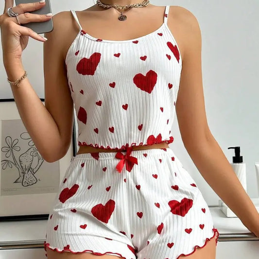 Heart Printing Suspender Shorts Casual Sunken Stripe Outerwear European And American Style Women Pajamas