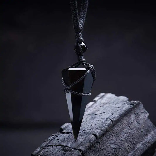 Black Obsidian Pyramid Pendant with Chain