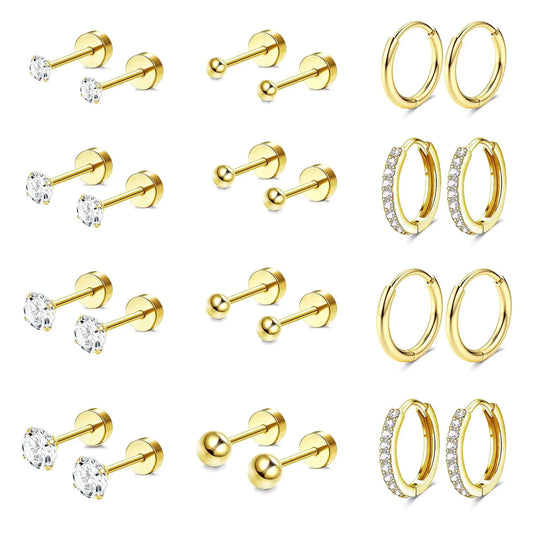Jstyle Hypoallergenic Surgical Steel Earrings for Sensitive Ears 14K Gold Flat Back Earrings for Women Men Small Stainless Steel Earrings Flatback Stud Hoop Cartilage Earring Set for Multiple Piercing Gold Tone